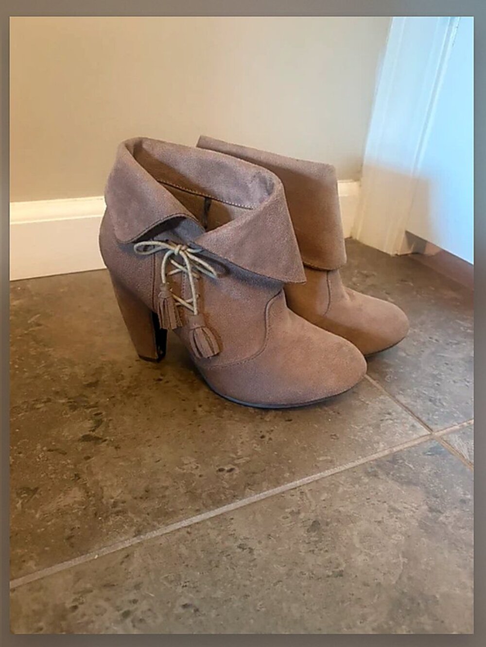 Women’s Taupe Fold-Over Heeled Ankle Boots – Size 8